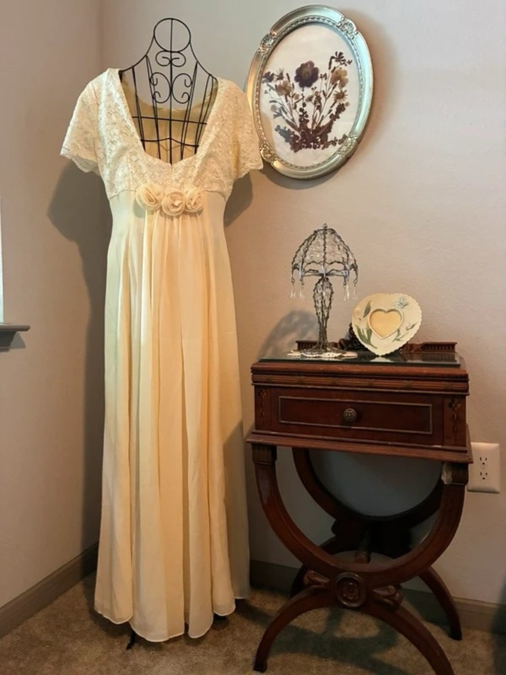 Elegant Cream Lace-Detail Maxi Dress with Rosette Waist